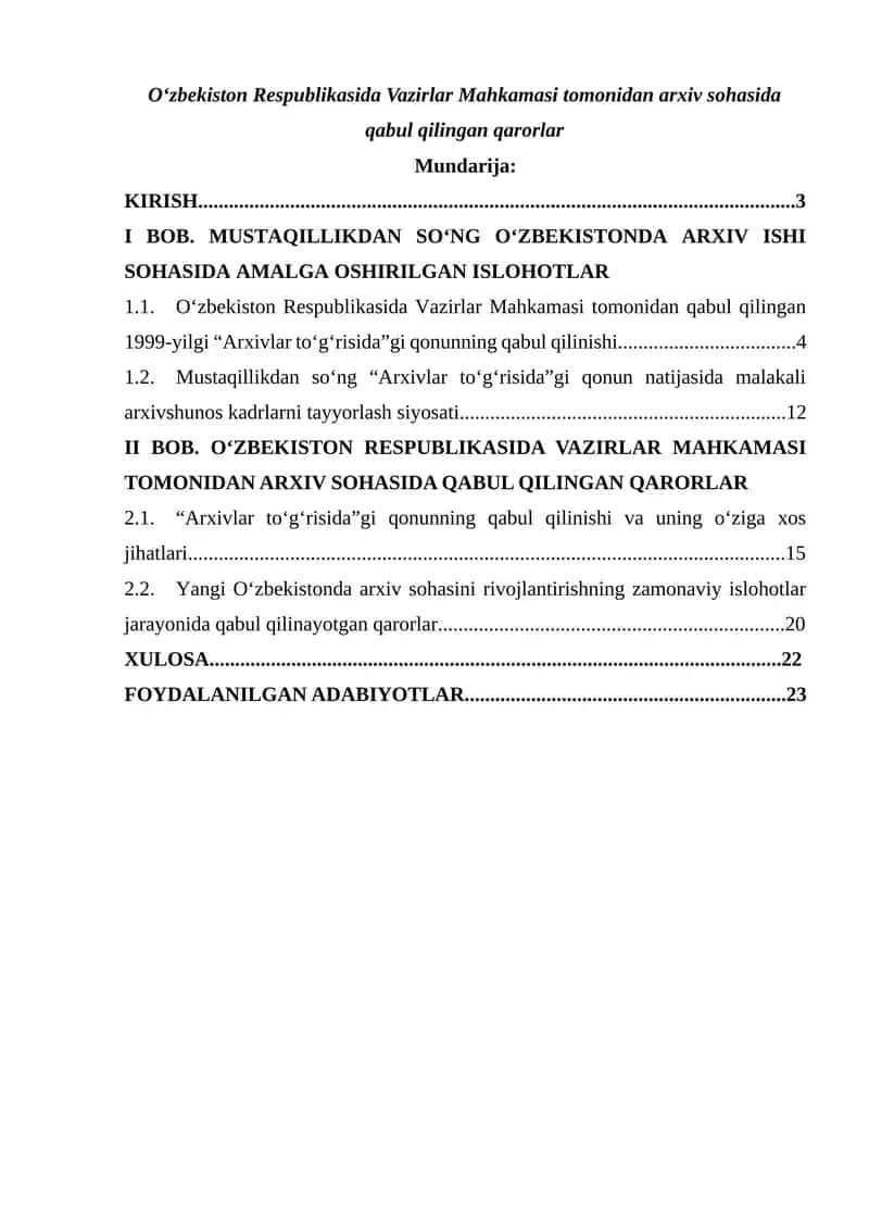 O‘zbekiston Respublikasida Vazirlar Mahkamasi tomonidan arxiv sohasida qabul qilingan qarorlar 1