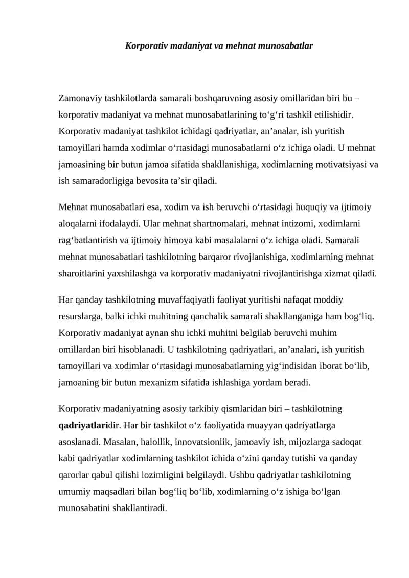 Korporativ madaniyat va mehnat munosabatlar 1