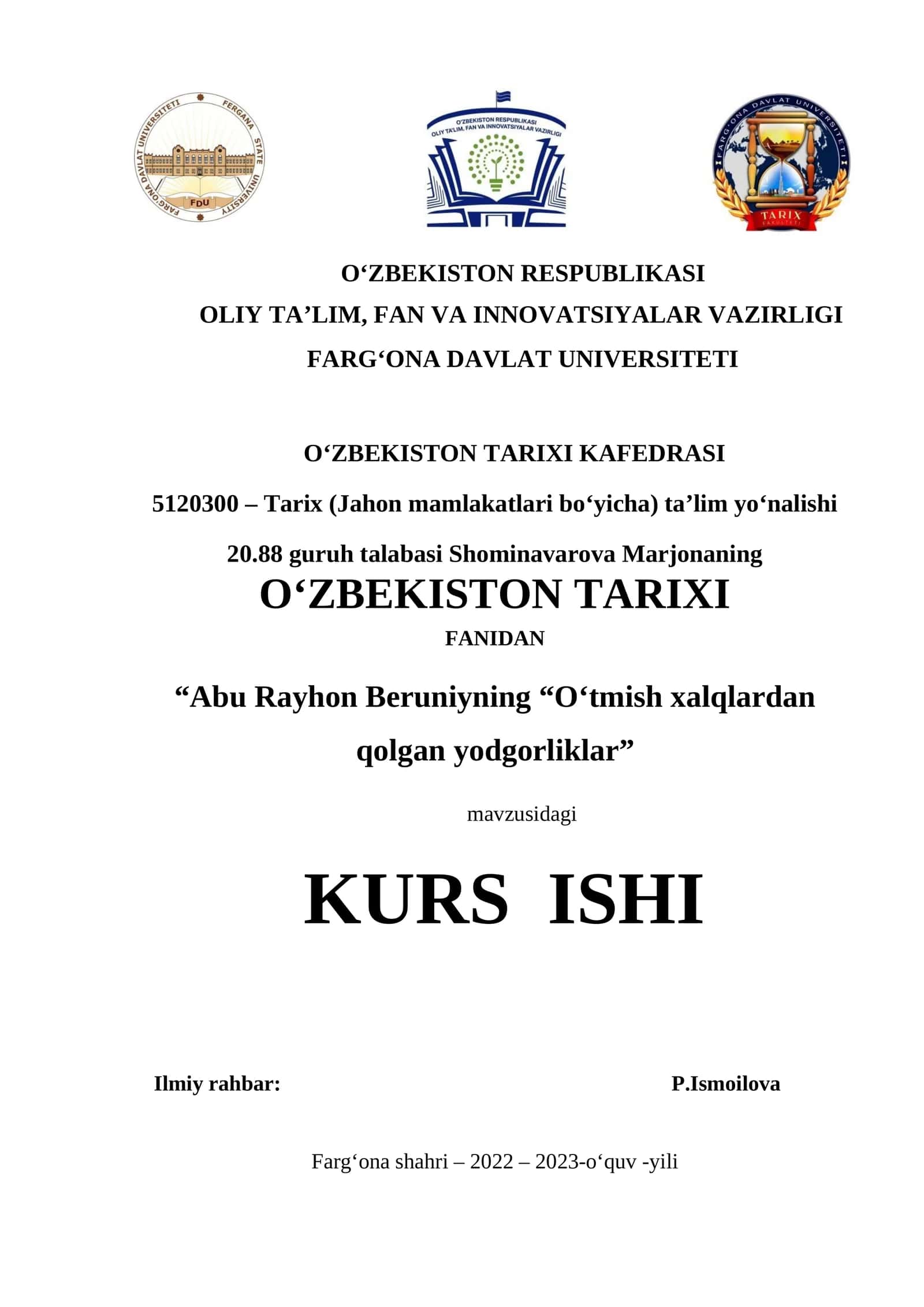 “Abu Rayhon Beruniyning O‘tmish xalqlardan qolgan yodgorliklar” KURS ISHI 1
