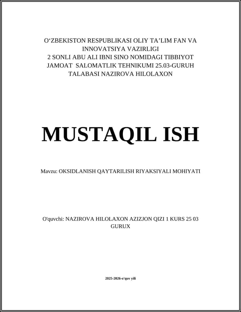OKSIDLANISH QAYTARILISH RIYAKSIYALI MOHIYATI 1