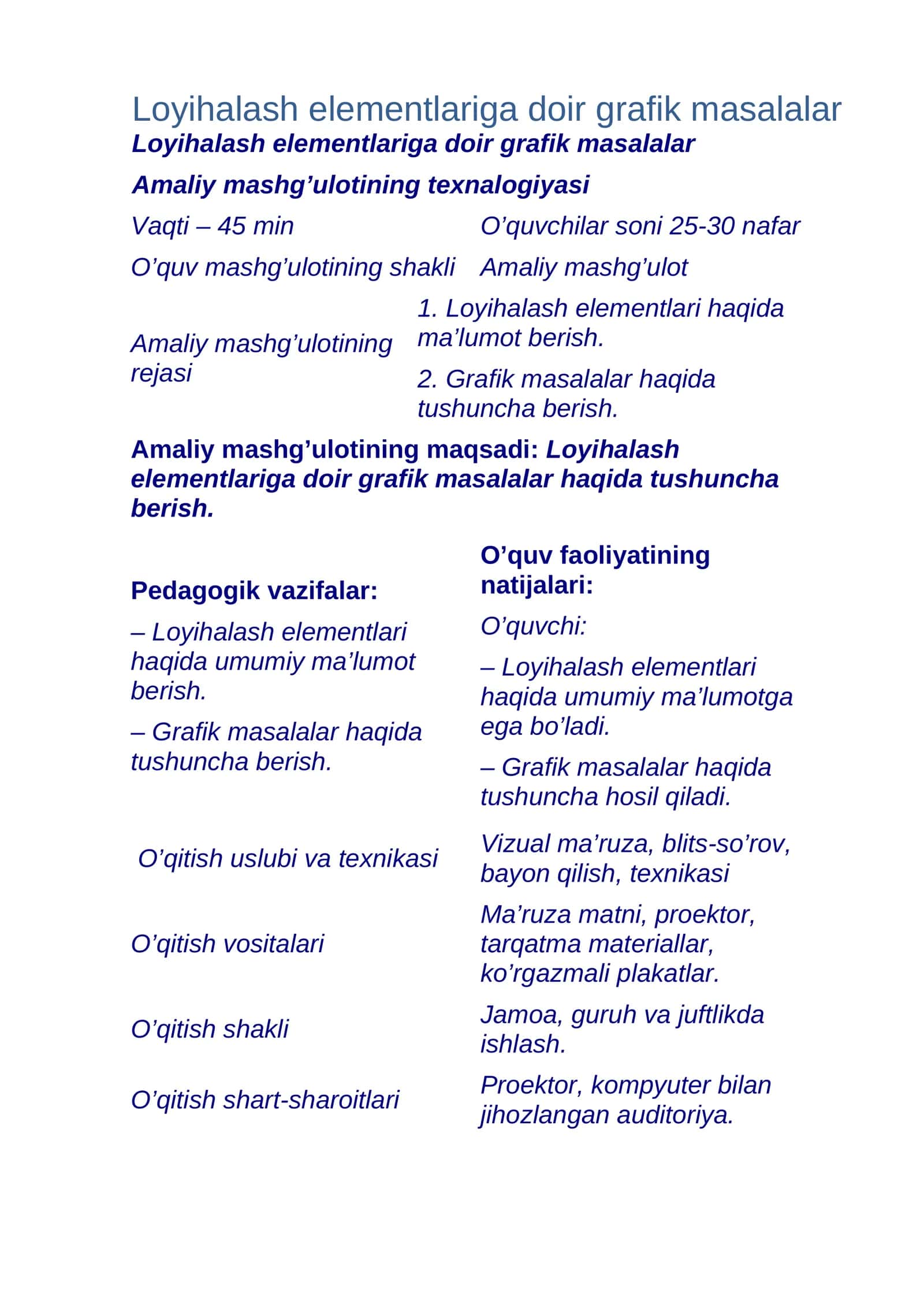 Loyihalash elementlariga doir grafik masalalar 1