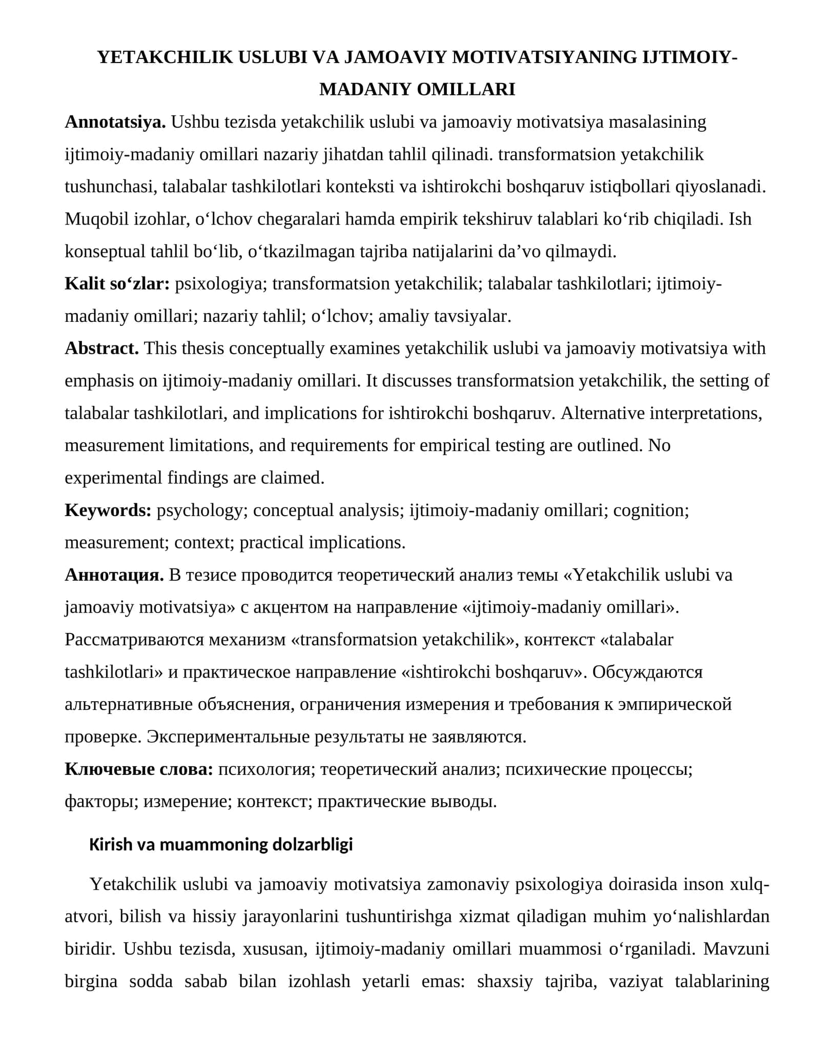 Yetakchilik Uslubi va Jamoaviy Motivatsiyaning Ijtimoiy-Madaniy Omillari 1