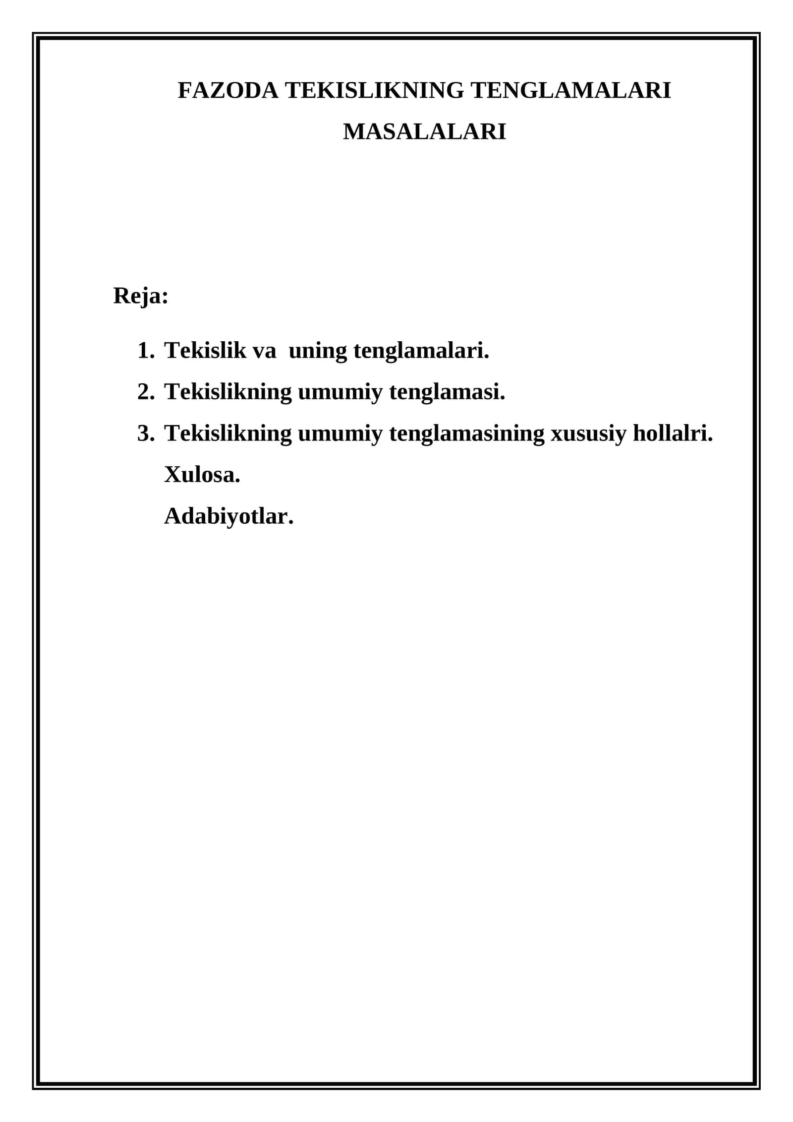 FAZODA TEKISLIKNING TENGLAMALARI MASALARI 1