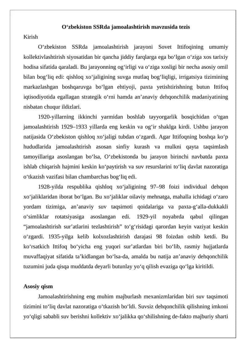 O‘zbekiston SSR jamoalashtirish jarayoni 1