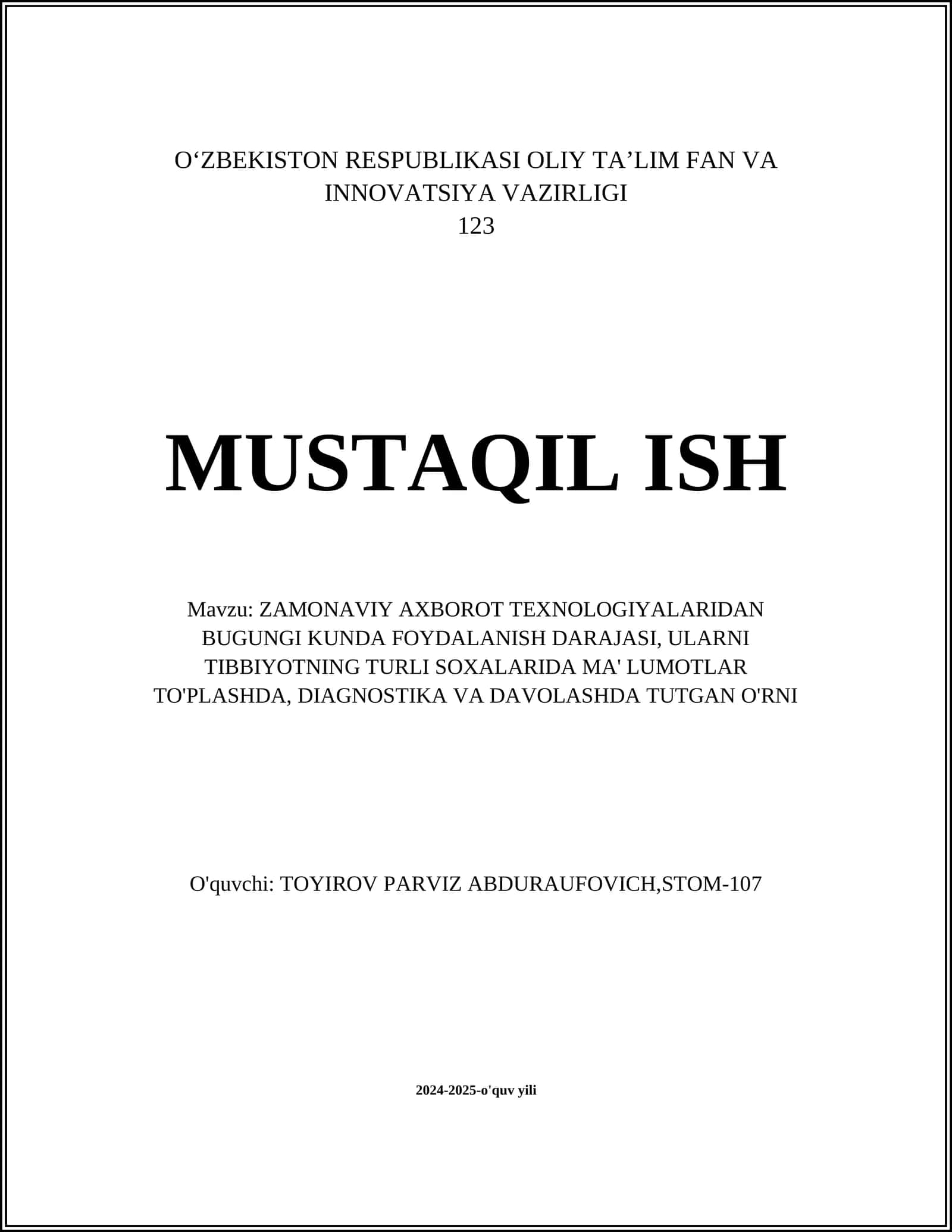 ZAMONAVIY AXBOROT TEXNOLOGIYALARIDAN BUGUNGI KUNDA FOYDALANISH DARAJASI, ULARNI TIBBIYOTNING TURLI SOXALARIDA MA' LUMOTLAR TO'PLASHDA, DIAGNOSTIKA VA DAVOLASHDA TUTGAN O'RNI 1