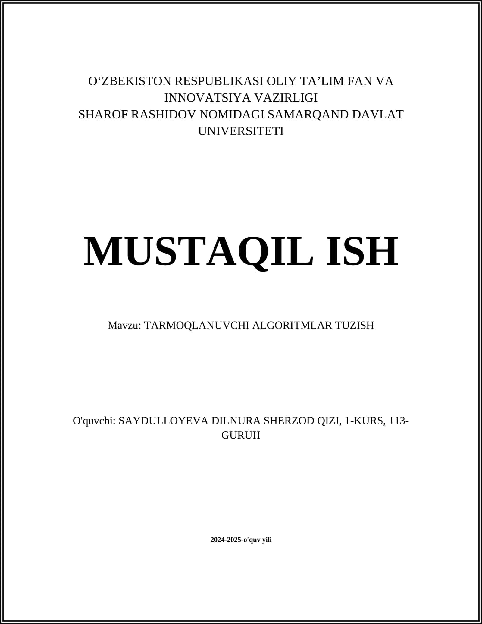 TARMOQLANUVCHI ALGORITMLAR TUZISH 1