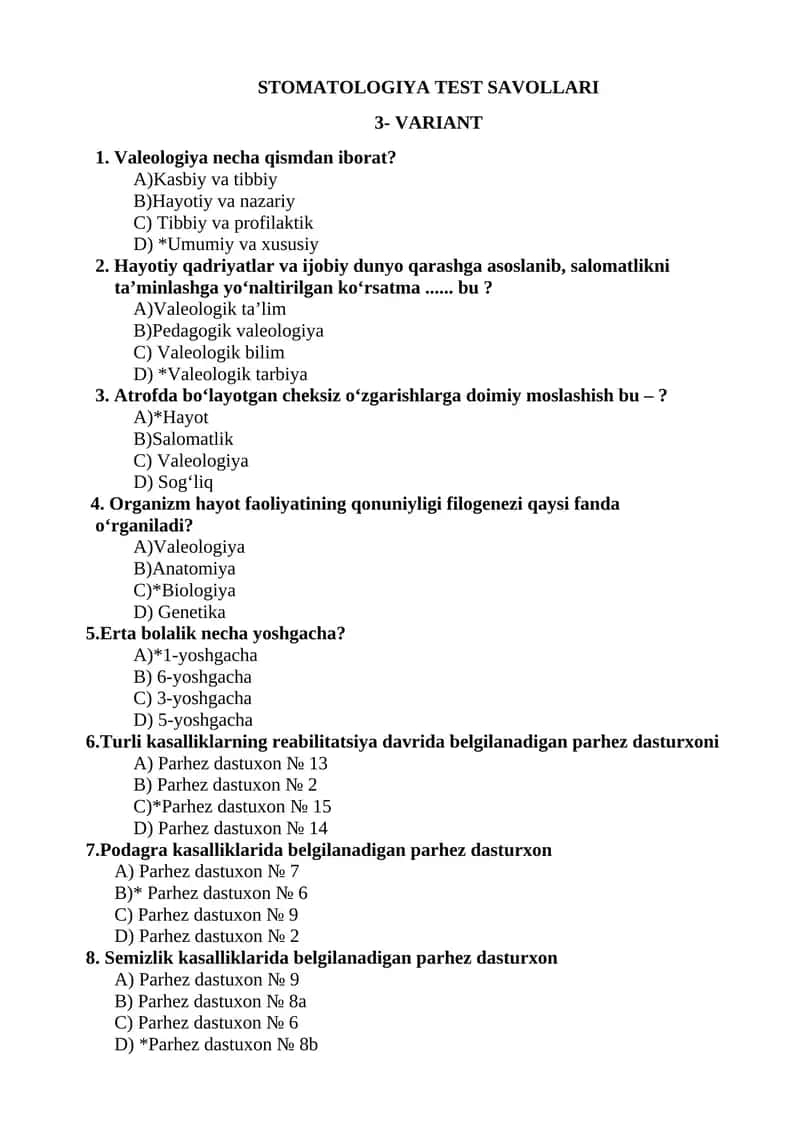 STOMATOLOGIYA TEST SAVOLLARI 1