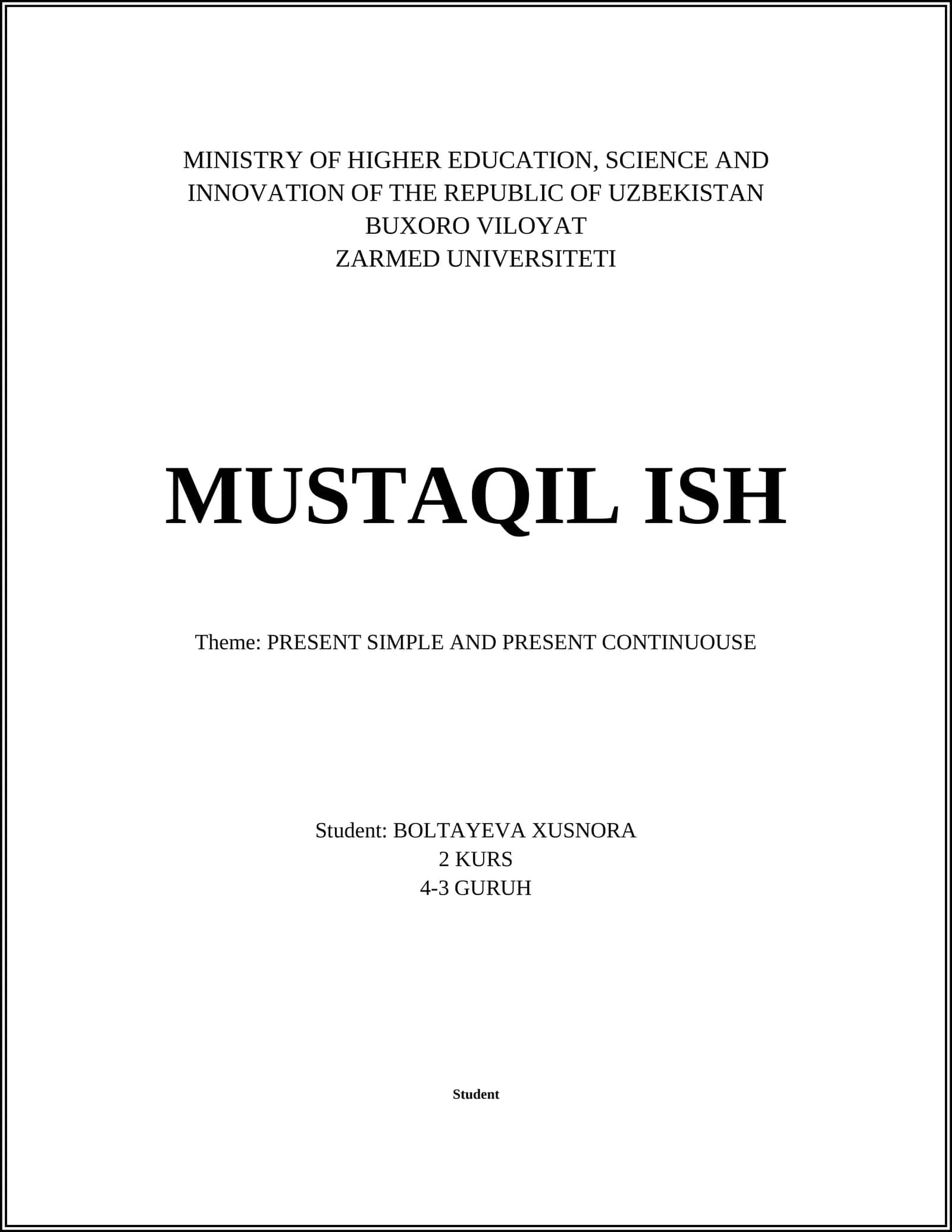 BUXORO VILOYAT ZARMED UNIVERSITETI MUSTAQIL ISH 1
