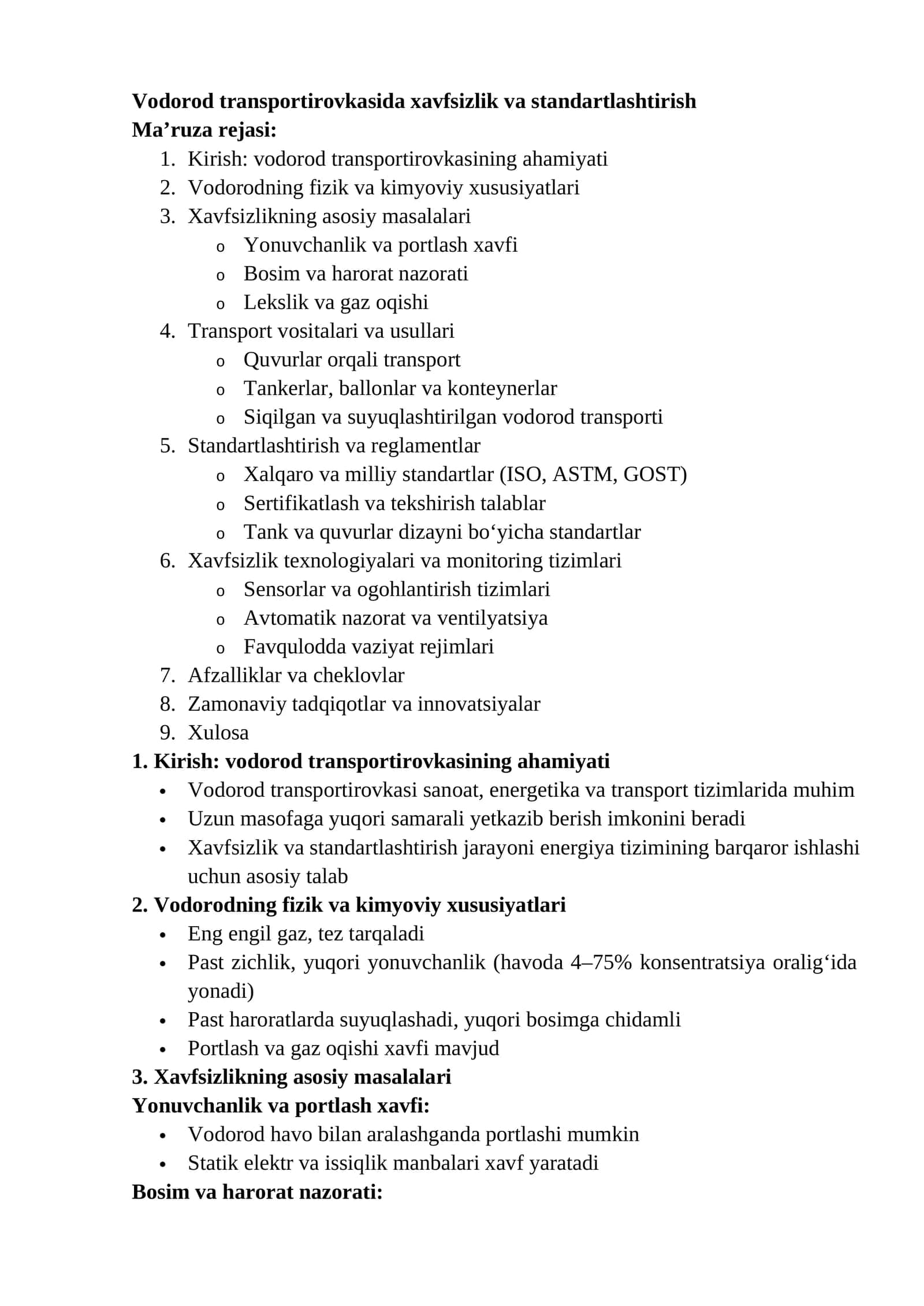 Vodorod transportirovkasida xavfsizlik va standartlashtirish 1