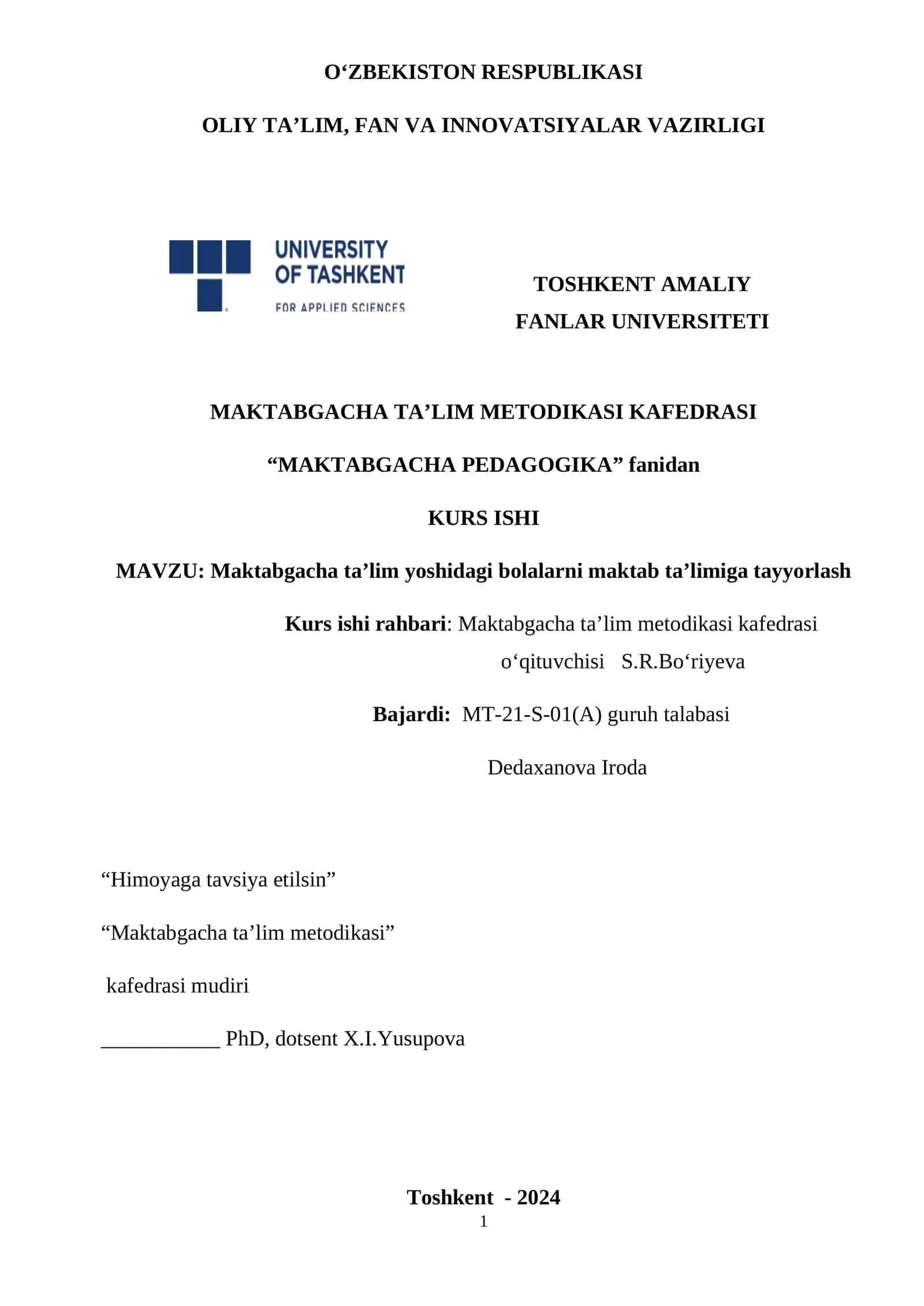 MAKTABGACHA PEDAGOGIKA fanidan KURS ISHI 1
