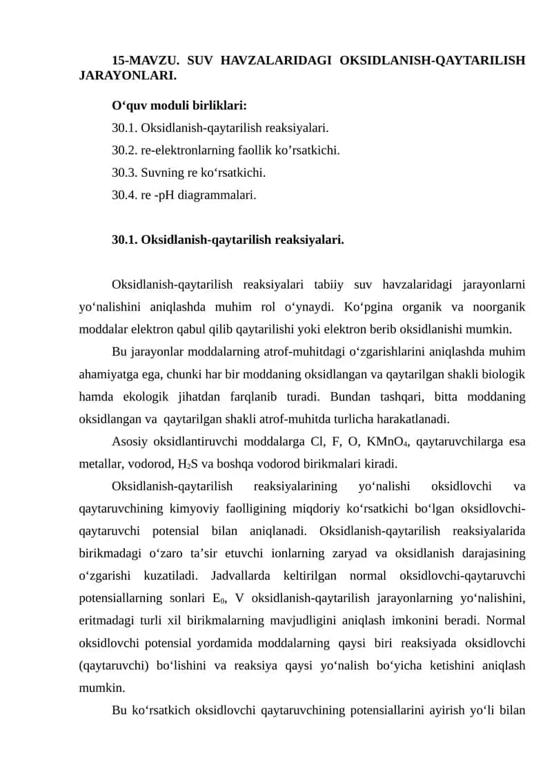 Suv havzalaridagi oksidlanish-qaytarilish jarayonlari 1