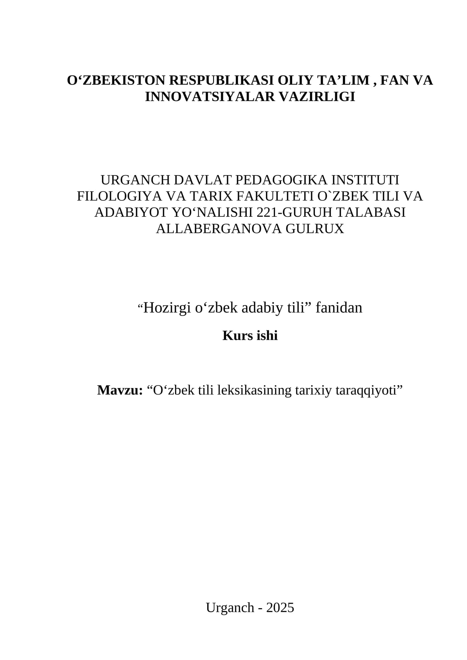Kurs ishi: "O‘zbek tili leksikasining tarixiy taraqqiyoti" 1