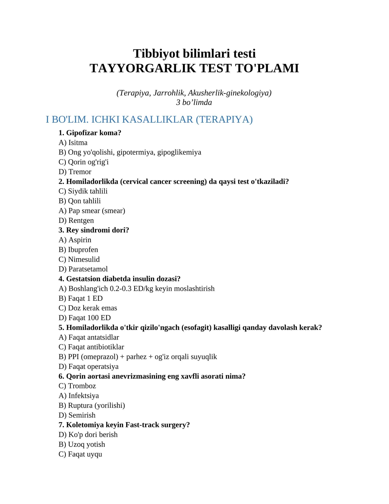 Tibbiyot bilimlari testi 1