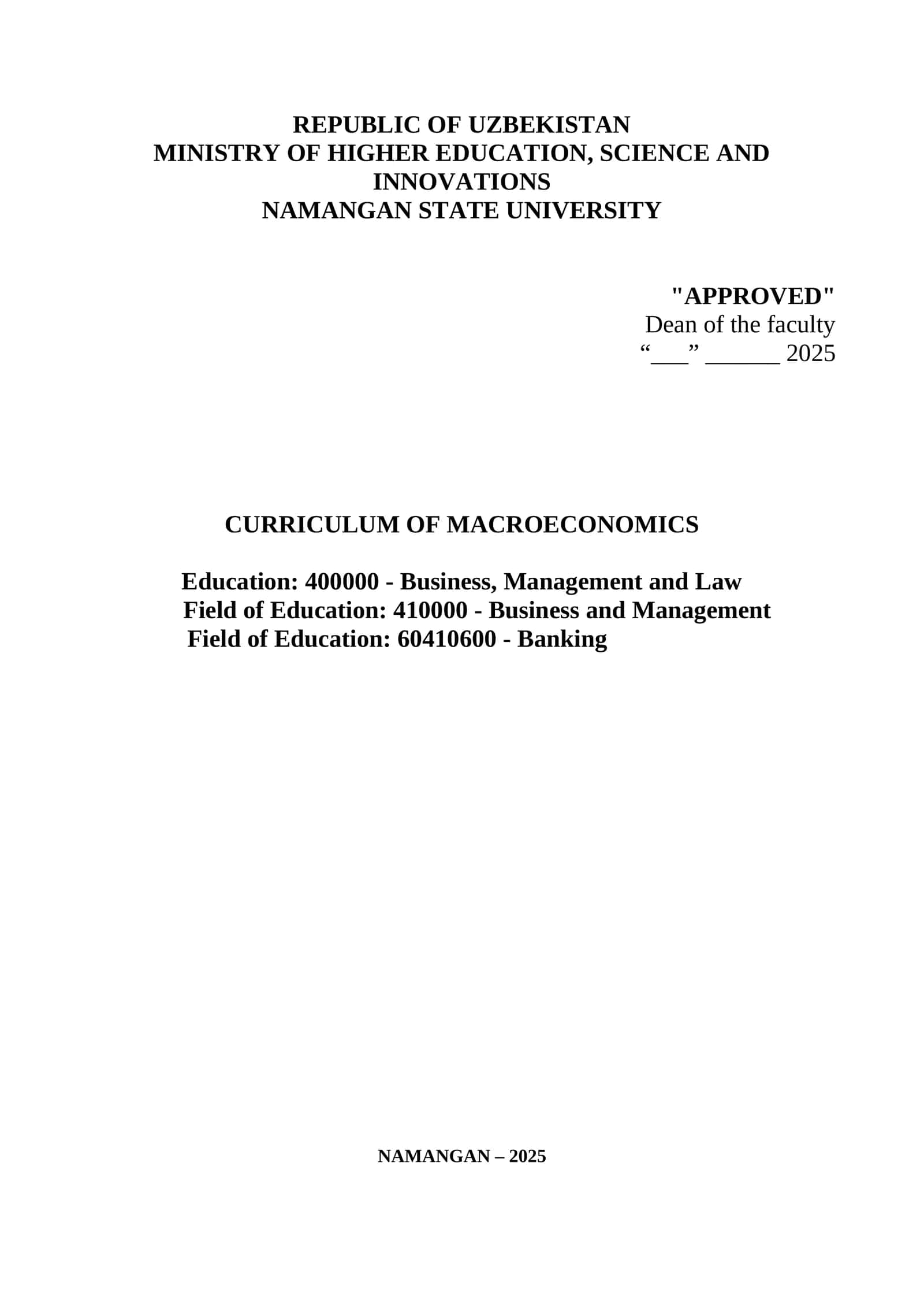 Curriculum of Macroeconomics 1