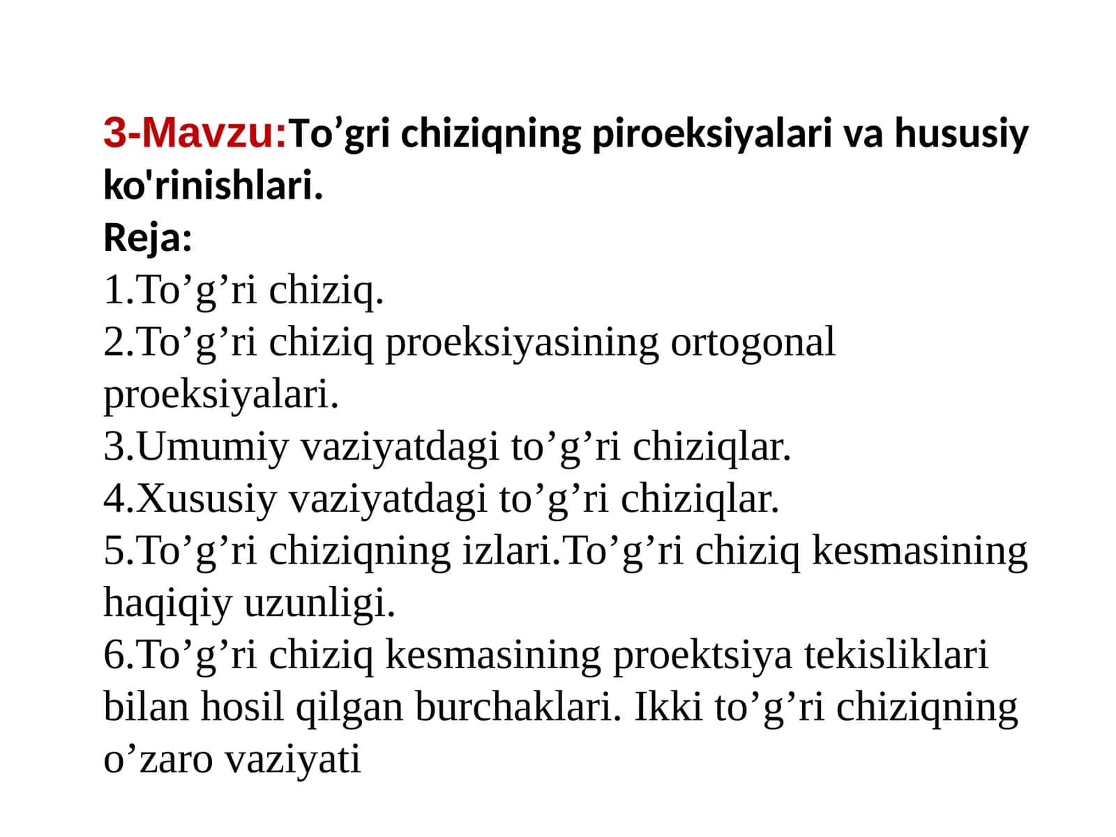 To’grichiziqning piroeksiyalari va hususiy ko'rinishlari 1