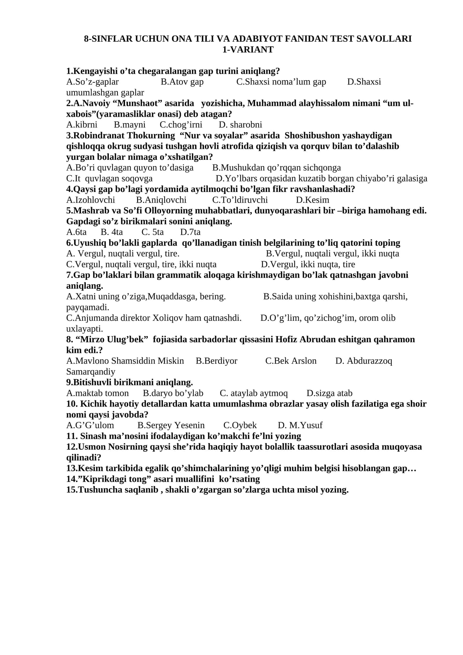 8-SINFLAR UCHUN ONA TILI VA ADABIYOT FANIDAN TEST SAVOLLARI 1