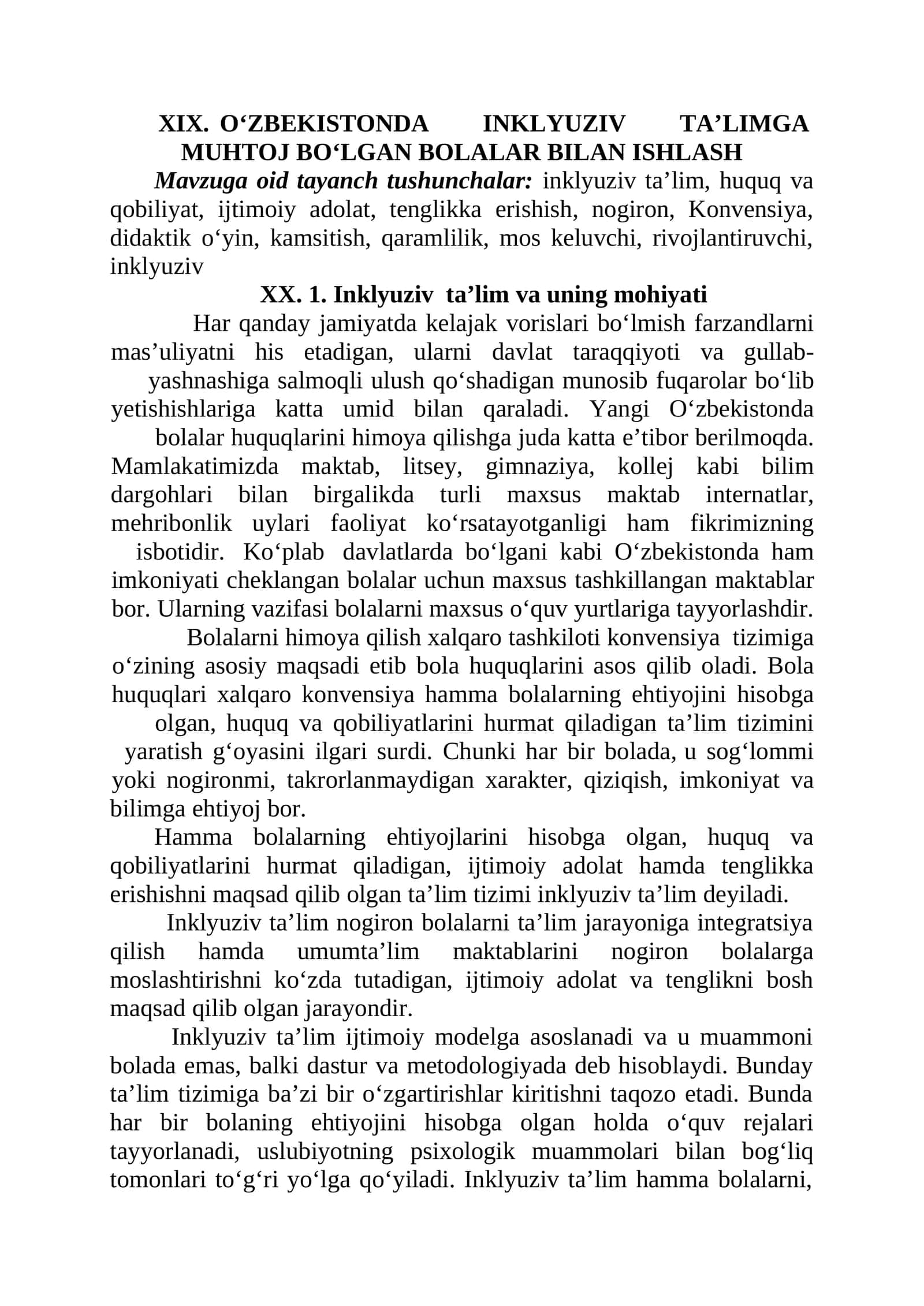XIX) O‘ZBEKISTONDA INKLYUZIV TA’LIMGA MUHTOJ BO‘LGAN BOLALAR BILAN ISHLASH 1