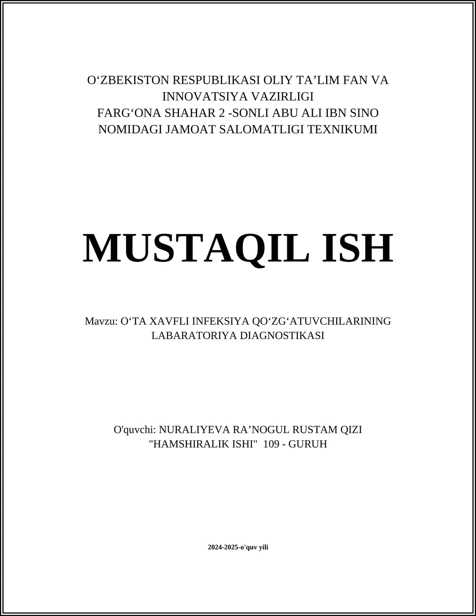 OʻTA XAVFLI INFEKSIYA QOʻZGʻATUVCHILARINING LABARATORIYA DIAGNOSTIKASI 1