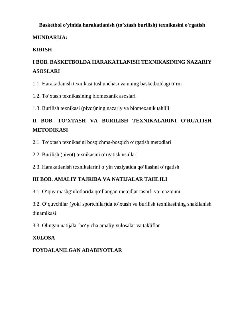 Basketbol o'yinida harakatlanish (to’xtash burilish) texnikasini o'rgatish 1