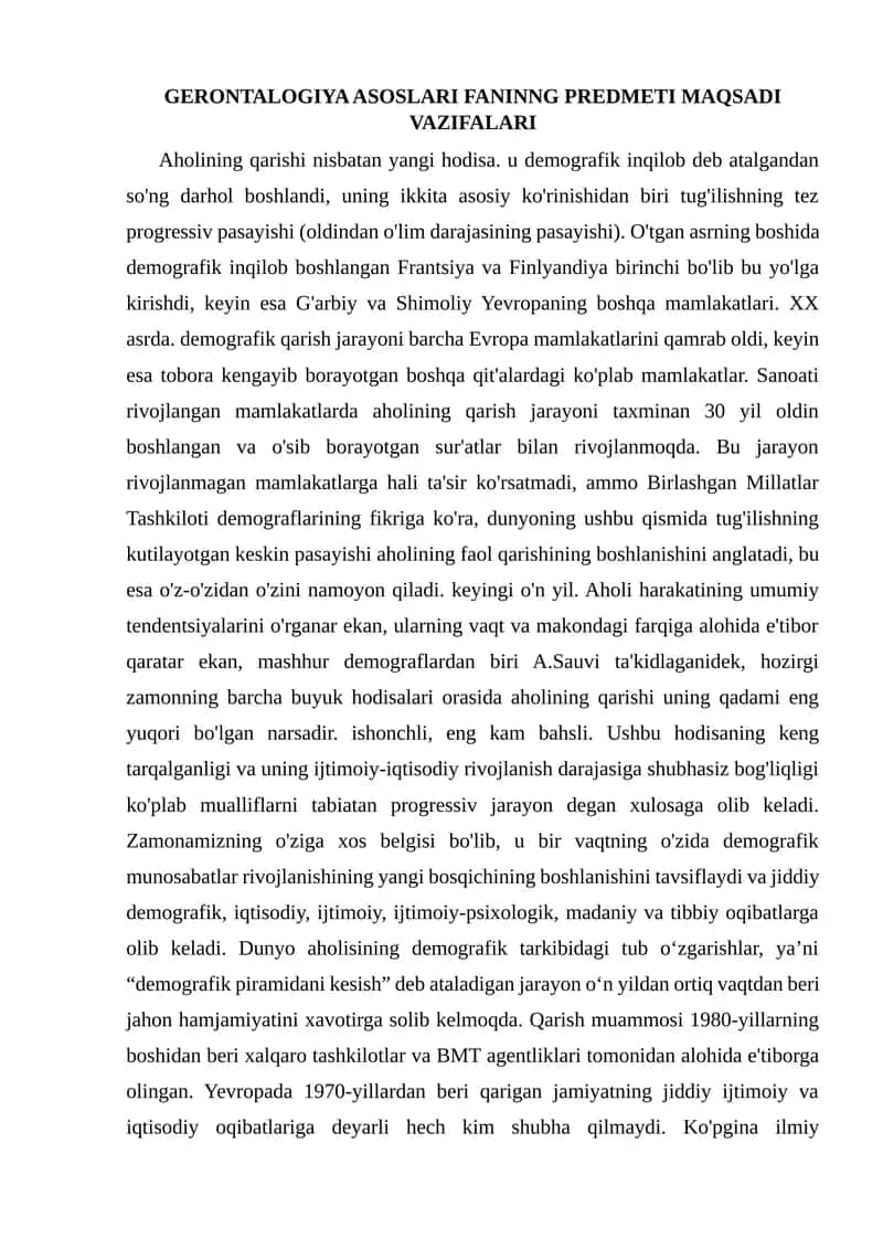 GERONTALOGIYA ASOSLARI FANINNG PREDMETI MAQSADI VAZIFALARI 1