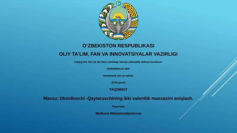 Oksidlovchi -Qaytaruvchining ikki valentlik massasini aniqlash 1