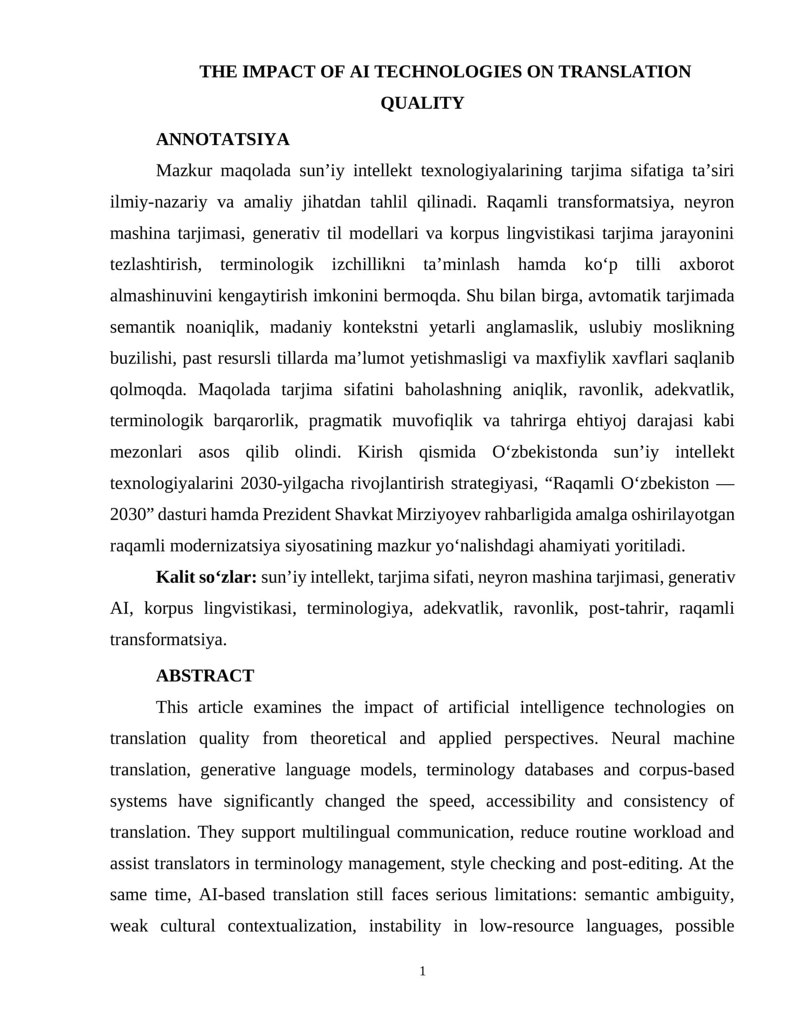 THE IMPACT OF AI TECHNOLOGIES ON TRANSLATION QUALITY 1