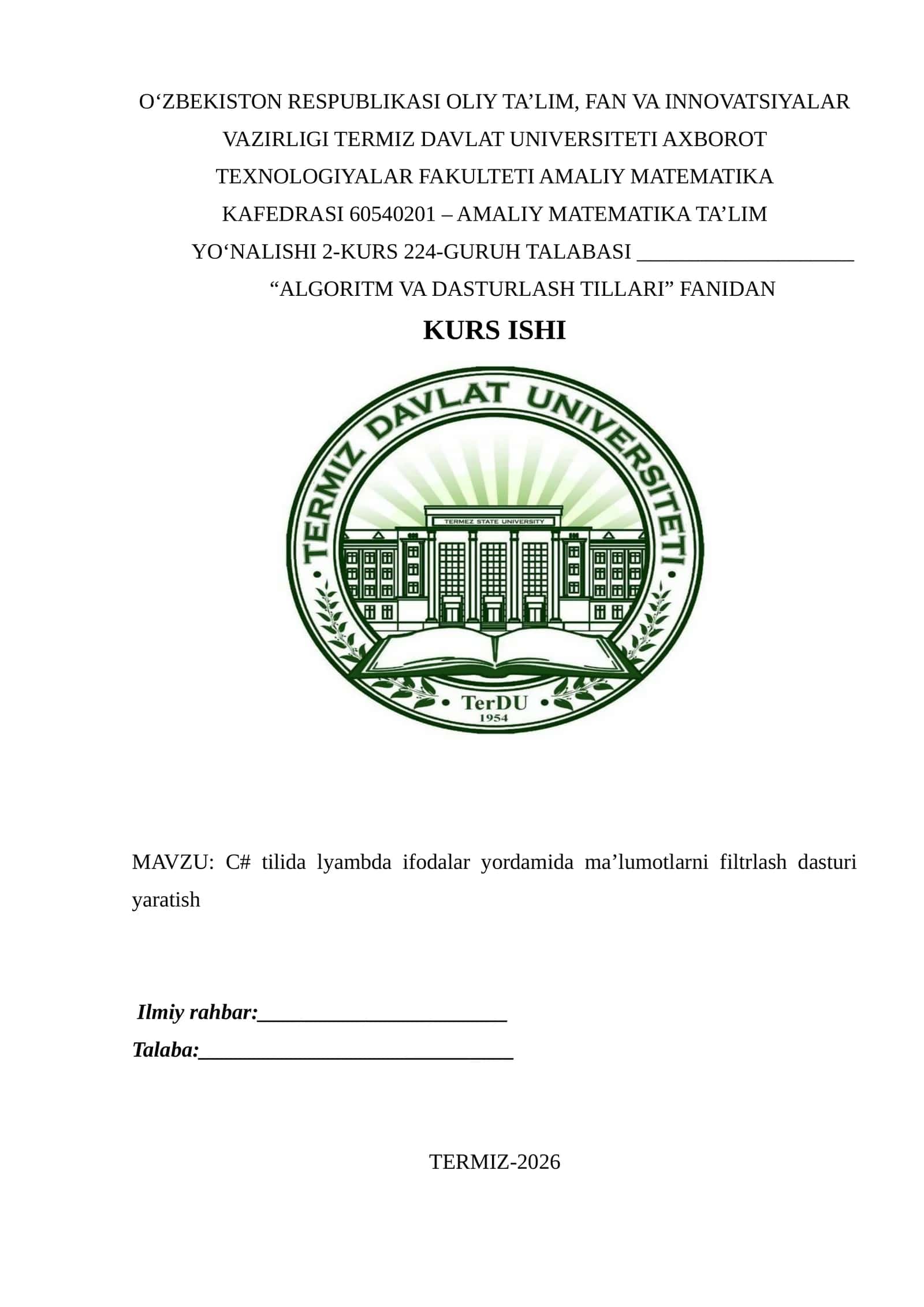 C# tilida lyambda ifodalar yordamida ma’lumotlarni filtrlash dasturi yaratish 1
