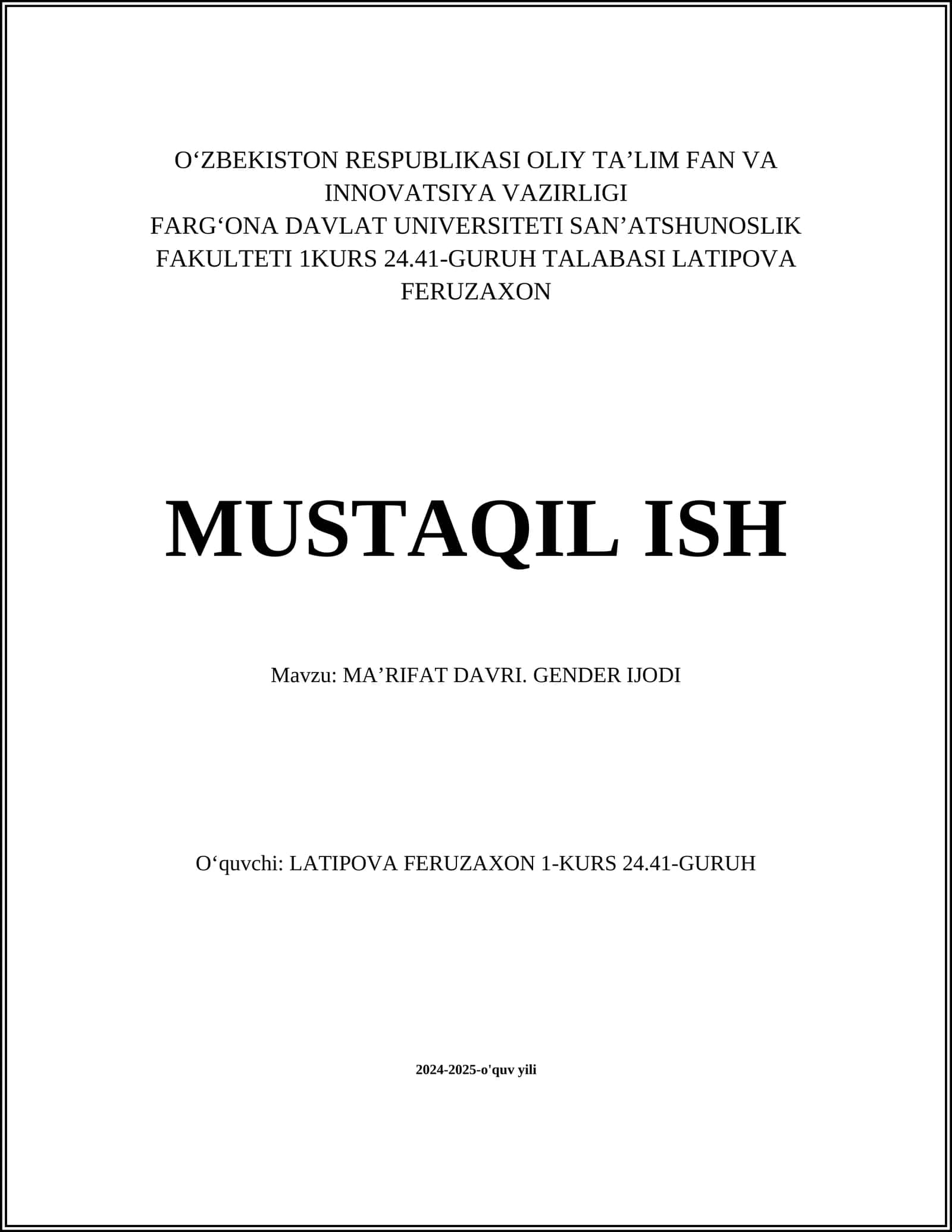 MAʼRIFAT DAVRI. GENDER IJODI 1