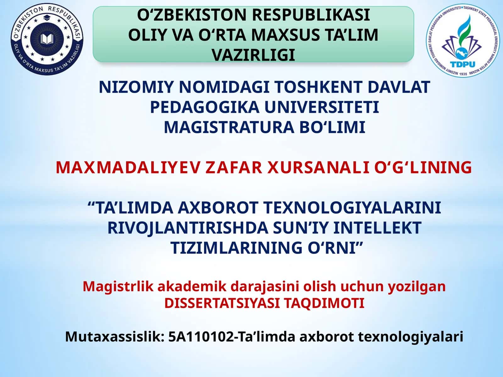 DISSERTATSIYASI TAQDIMOTI 1