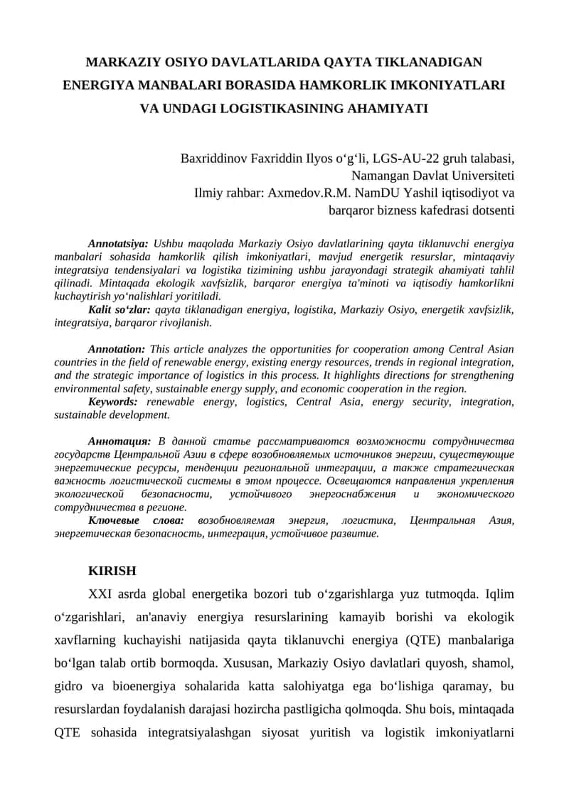 MARKAZIY OSIYO DAVLATLARIDA QAYTA TIKLANADIGAN ENERGIYA MANBALARI BORASIDA HAMKORLIK IMKONIYATLARI VA UNDAGI LOGISTIKASINING AHAMIYATI 1