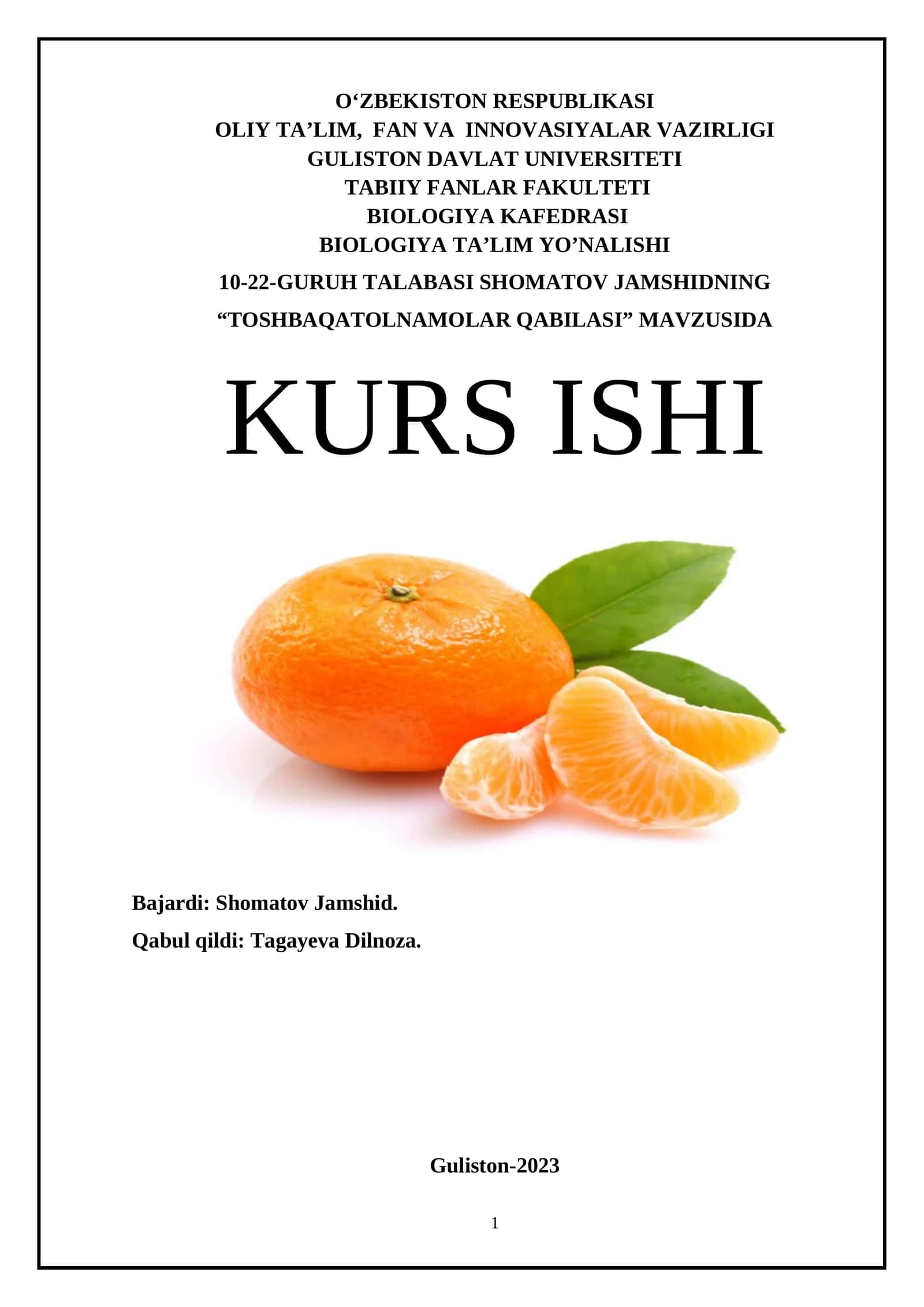 Toshbaqatolnamolar Qabilasi Kurs Ishi 1