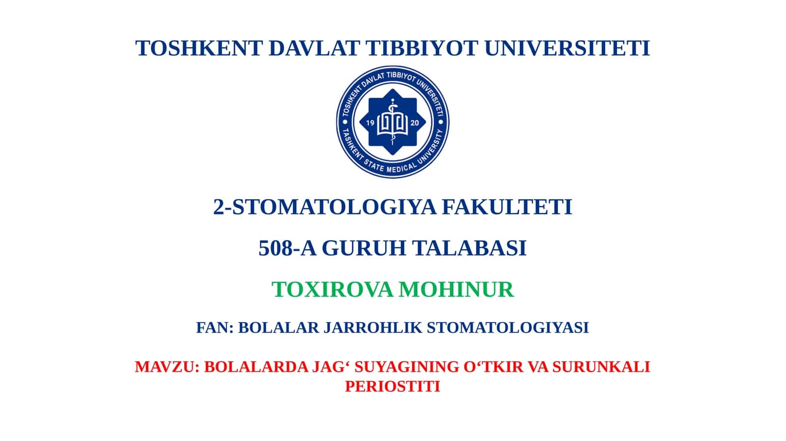 Bolalar Jag' Suyagining O'tkir va Surunkali Periostiti 1