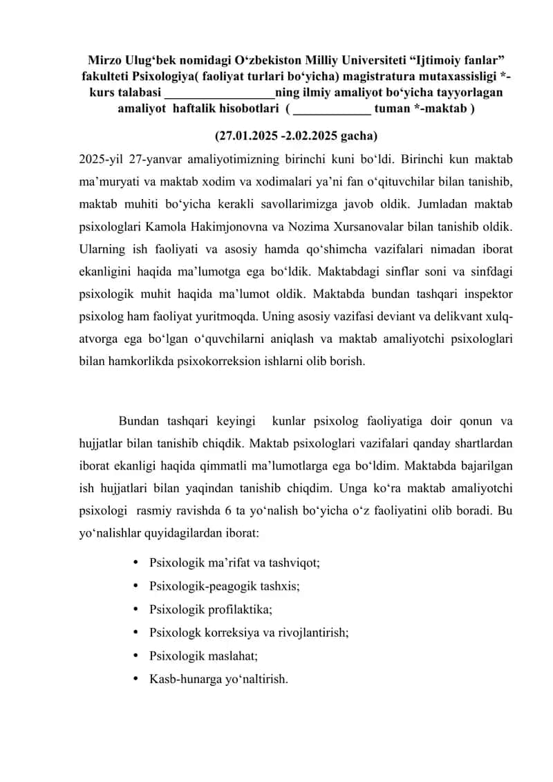 Amaliyot boʻyicha tayyorlagan amaliyot  haftalik hisobotlari 1