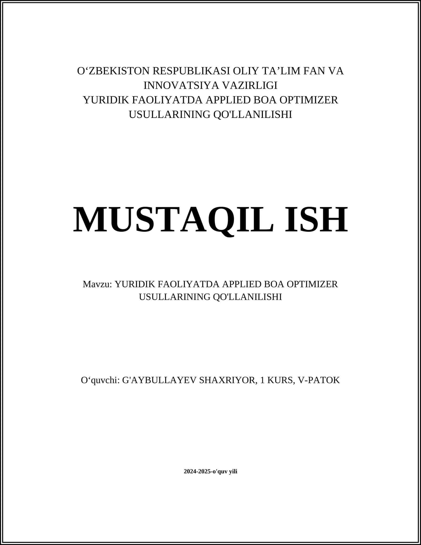 YURIDIK FAOLIYATDA APPLIED BOA OPTIMIZER USULLARINING QO'LLANILISHI 1