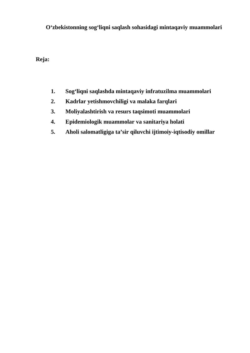 O‘zbekistonning sog‘liqni saqlash sohasidagi mintaqaviy muammolari 1