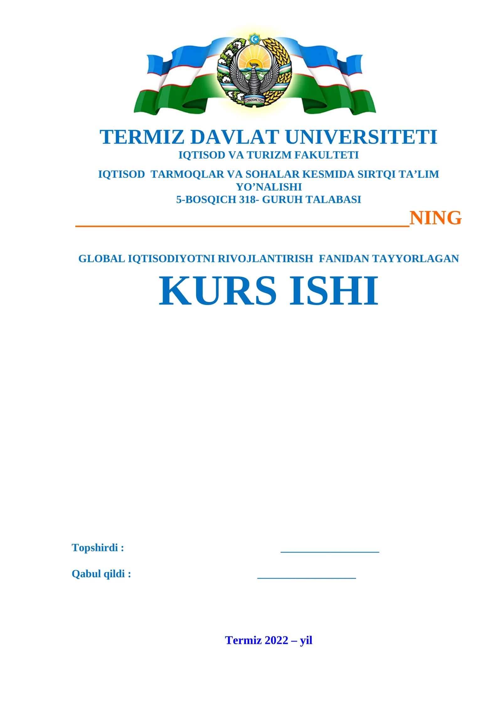 GLOBAL IQTISODIYOTNI RIVOJLANTIRISH FANIDAN KURS ISHI 1