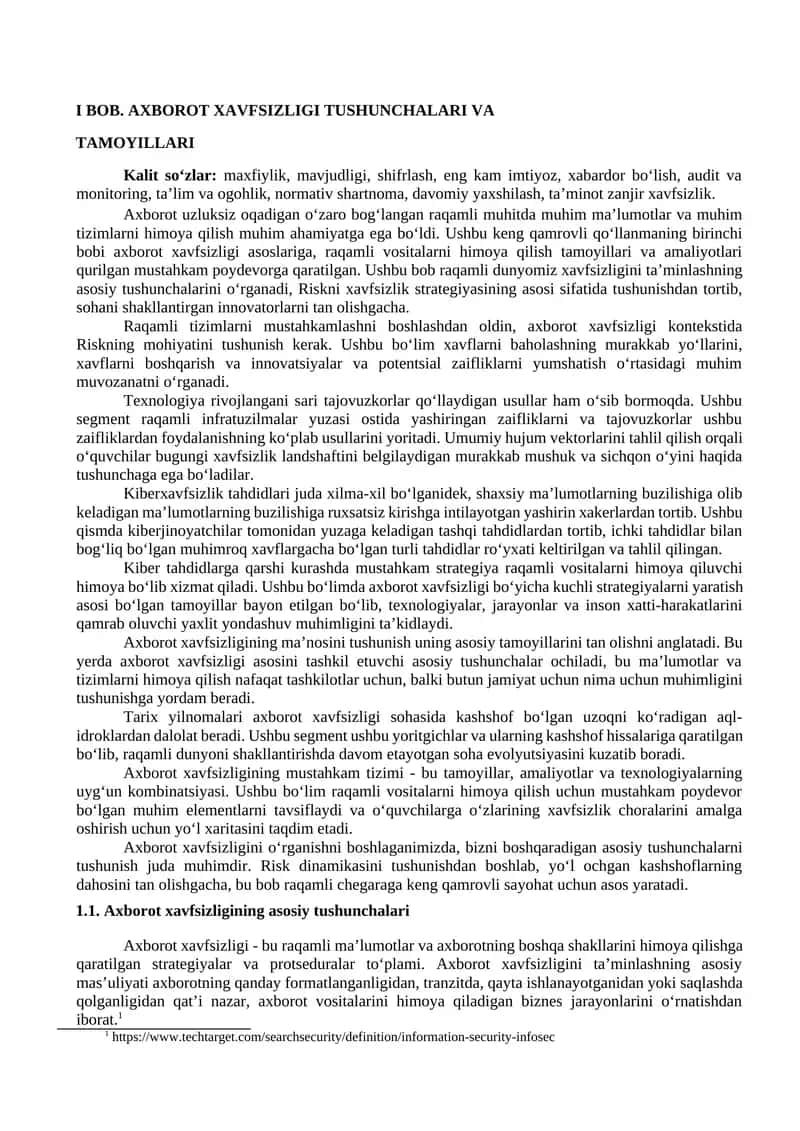 AXBOROT XAVFSIZLIGI TUSHUNCHALARI VA TAMOYILLARI 1