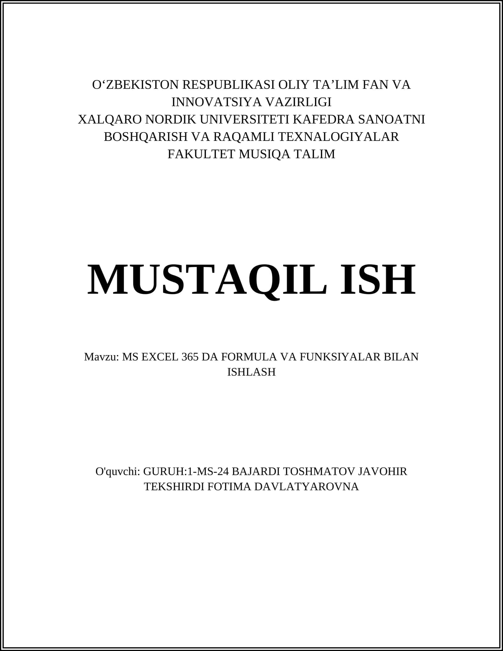 MS EXCEL 365 DA FORMULA VA FUNKSIYALAR BILAN ISHLASH 1