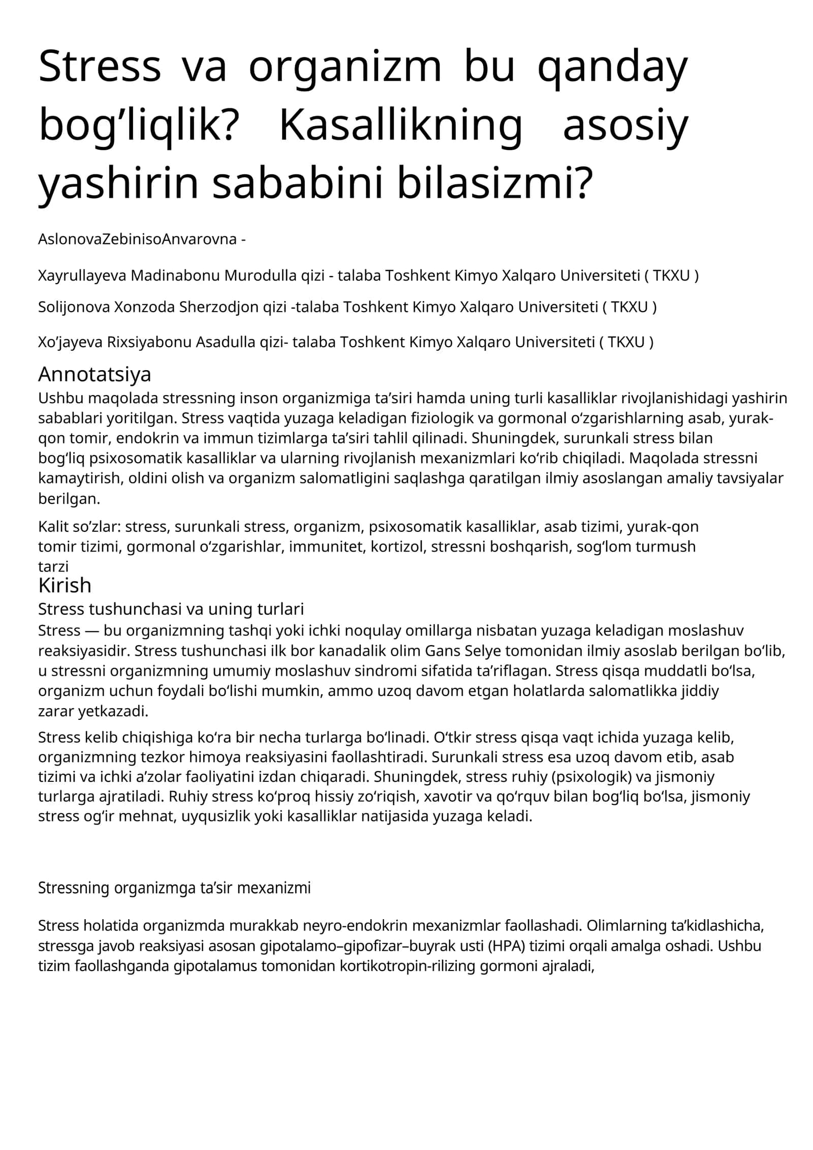 Qanday Stress va Kasalliklar Bog'liqlik? 1