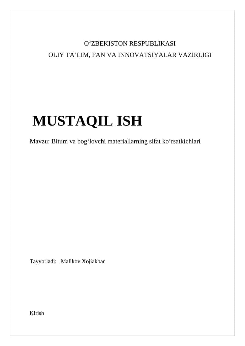 Bitum va bogʻlovchi materiallarning sifat koʻrsatkichlari 1