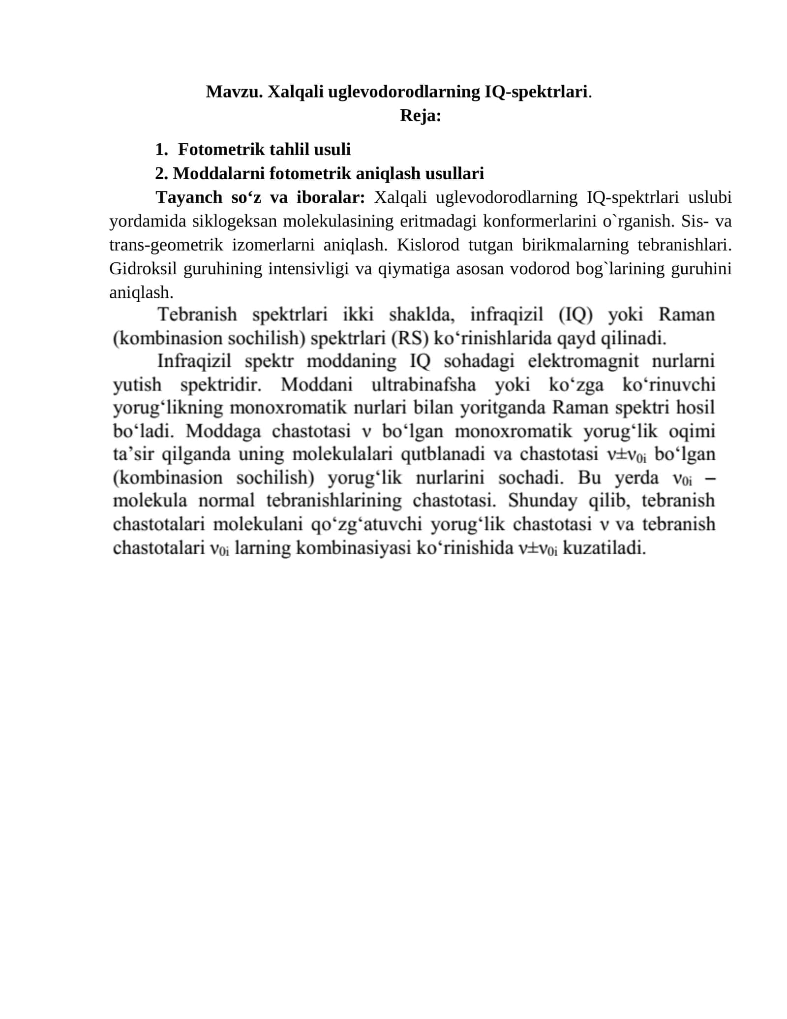 Xalqali uglevodorodlarning IQ-spektrlari 1