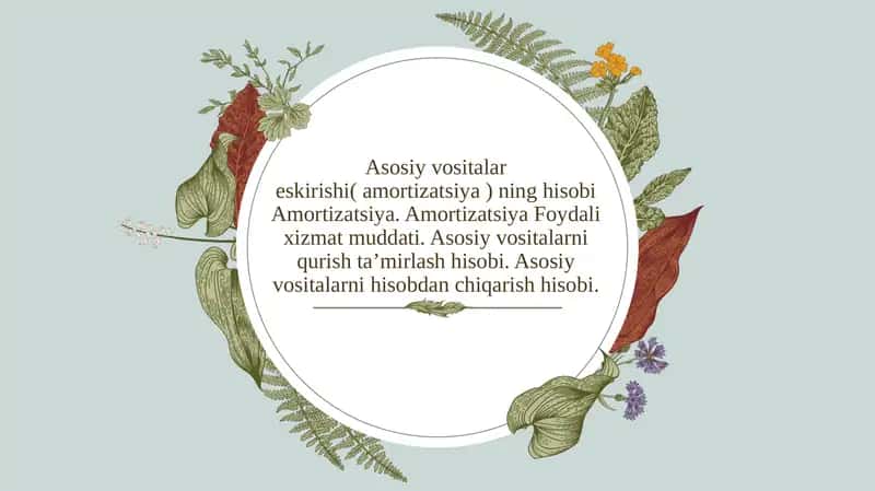 Asosiy vositalar eskirishi( amortizatsiya ) ning hisobi Amortizatsiya. Amortizatsiya Foydali xizmat muddati. Asosiy vositalarni qurish ta’mirlash hisobi. Asosiy vositalarni hisobdan chiqarish hisobi. 1