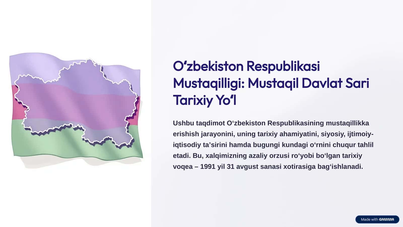 Oʻzbekiston Respublikasining mustaqillikka erishish jarayonini, uning tarixiy ahamiyatini, siyosiy, ijtimoiy-iqtisodiy taʼsirini hamda bugungi kundagi oʻrnini chuqur tahlil etadi. Bu, xalqimizning azaliy orzusi roʻyobi boʻlgan tarixiy voqea – 1991 yil 31 avgust sanasi xotirasiga bagʻishlanadi. 1
