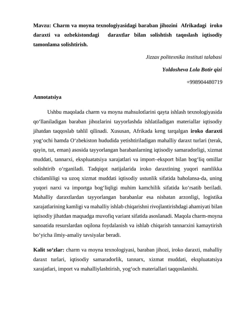 Baraban jihozlarini tayyorlashda ishlatiladigan materiallar iqtisodiy jihatdan taqqoslab tahlil qilish 1