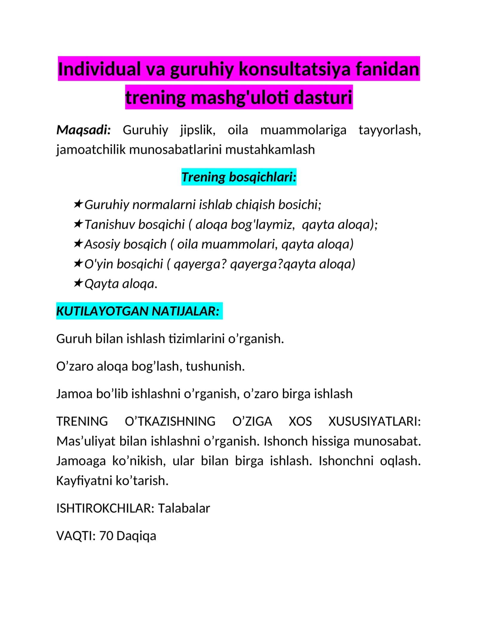 Individual va guruhiy konsultatsiya fanidan trening mashg'uloti dasturi 1