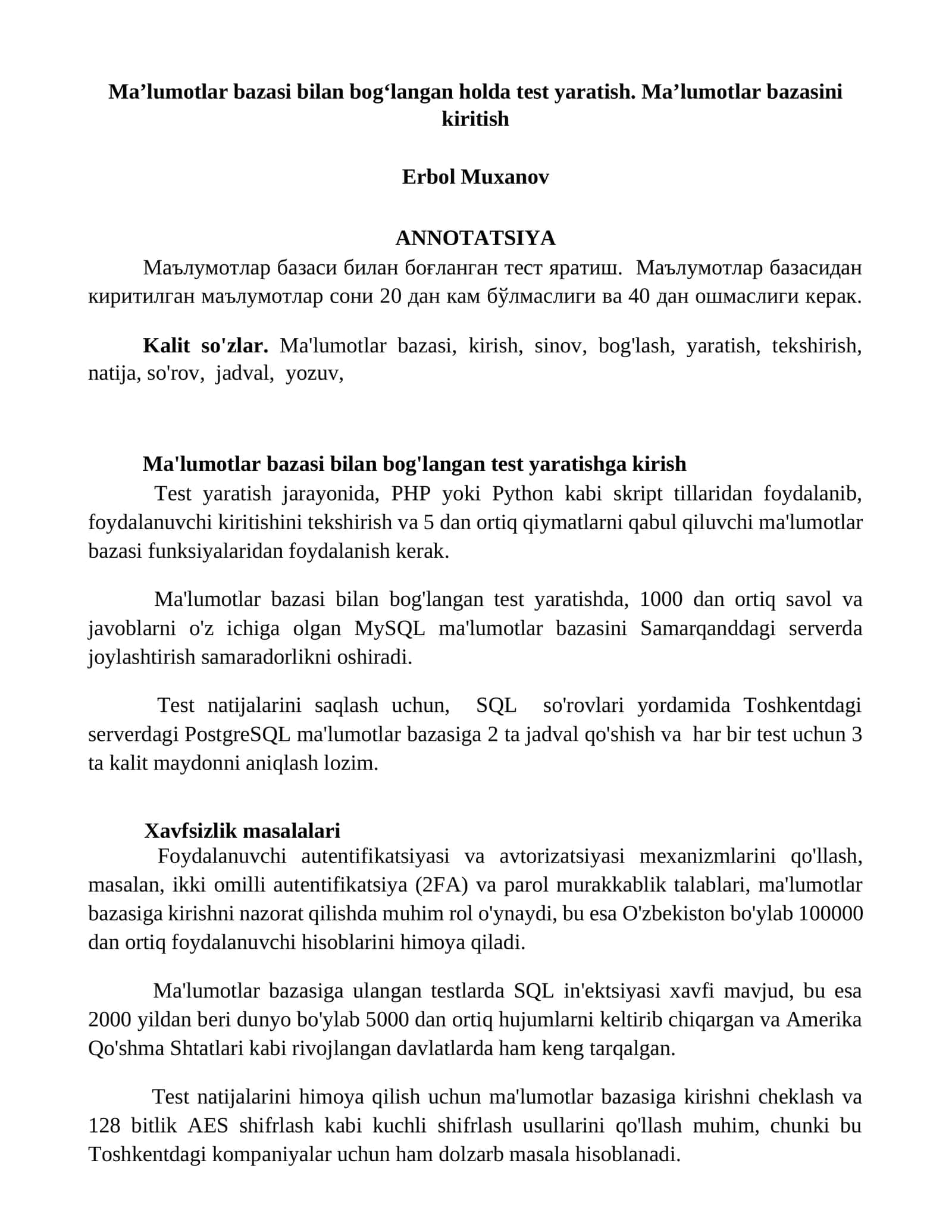 Maʼlumotlar bazasi bilan bogʻlangan test yaratish 1