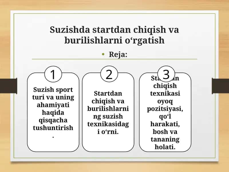 Suzishda startdan chiqish va burilishlarni oʻrgatish 1