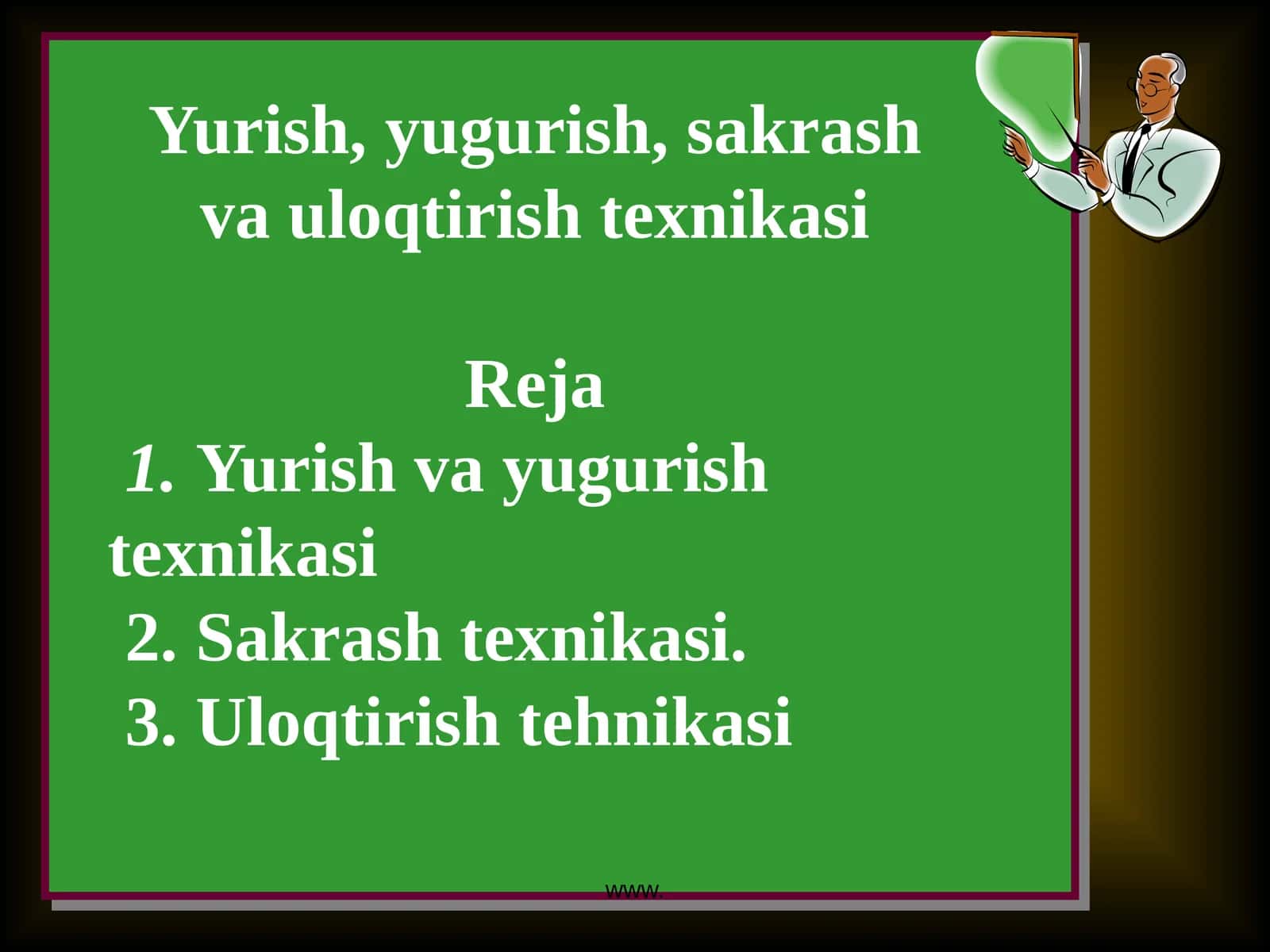 Yurish, yugurish, sakrash va uloqtirish texnikasi 1