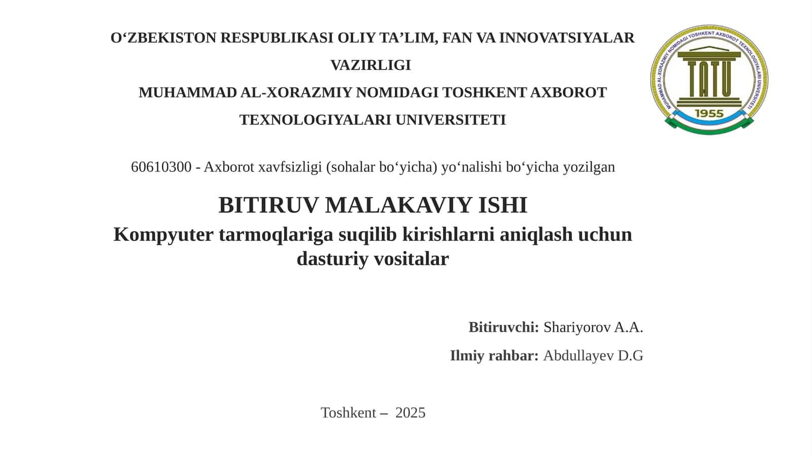 Kompyuter tarmoqlariga suqilib kirishlarni aniqlash uchun dasturiy vositalar​ 1