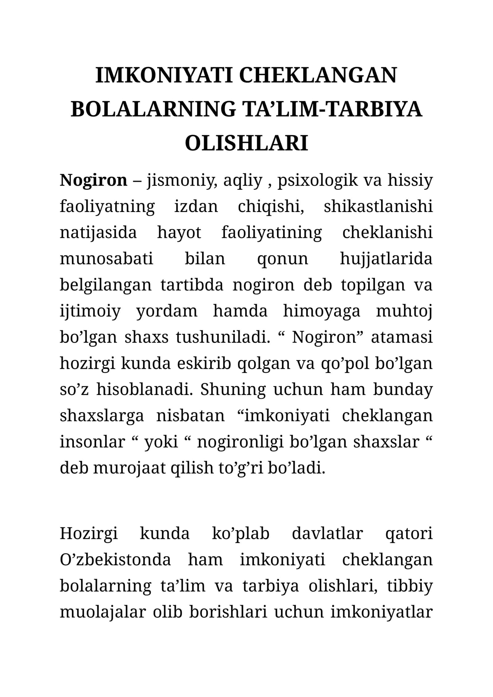IMKONIYATI CHEKLANGAN BOLALARNING TA’LIM-TARBIYA OLISHLARI 1